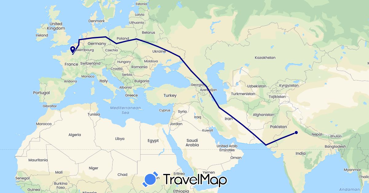 TravelMap itinerary: driving in Azerbaijan, Belgium, Belarus, Germany, France, India, Iran, Netherlands, Pakistan, Poland, Russia, Ukraine (Asia, Europe)